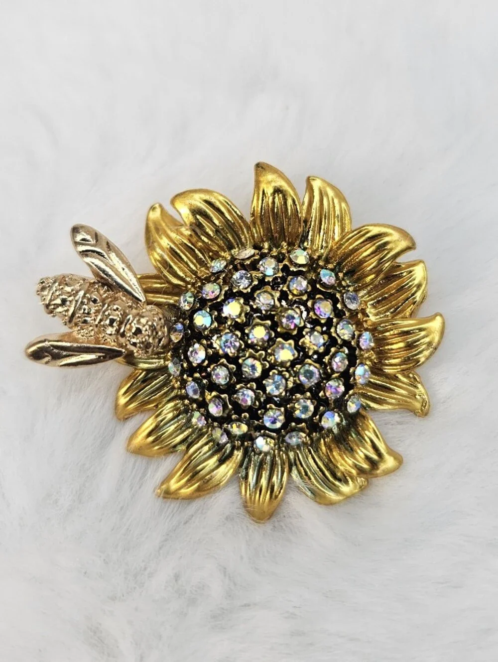 Gold Sunflower Crystal Bee Brooch Pendant